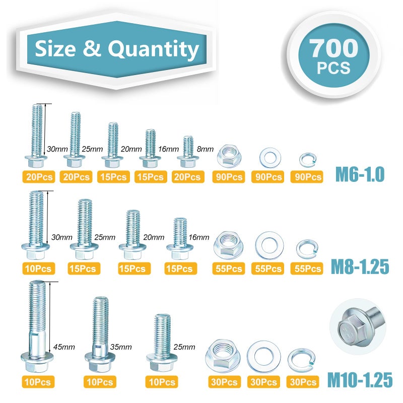 Kadrick 700Pcs Grade 8.8 Metric Bolt Assortment, M6 M8 M10 Flange Hex Heavy Duty Bolts and Nuts Kit,M6 x1.0 M8 x1.25 M10-1.25 (12mm to 45mm),Eco-Friendly Zinc Plated - Image 2